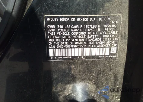 2015 Honda Fit Ex/Ex-L from USA, damaged, VIN 3HGGK5H87FM751507